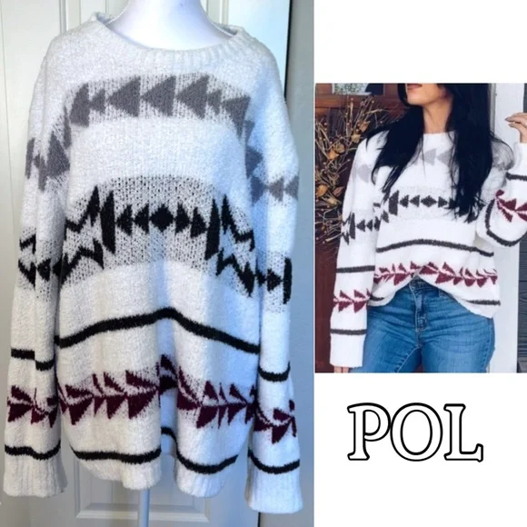 POL Luxe Chenille Aztec Boho
Southwestern Oversize White Sweater Sz Large - Picture 1 of 10